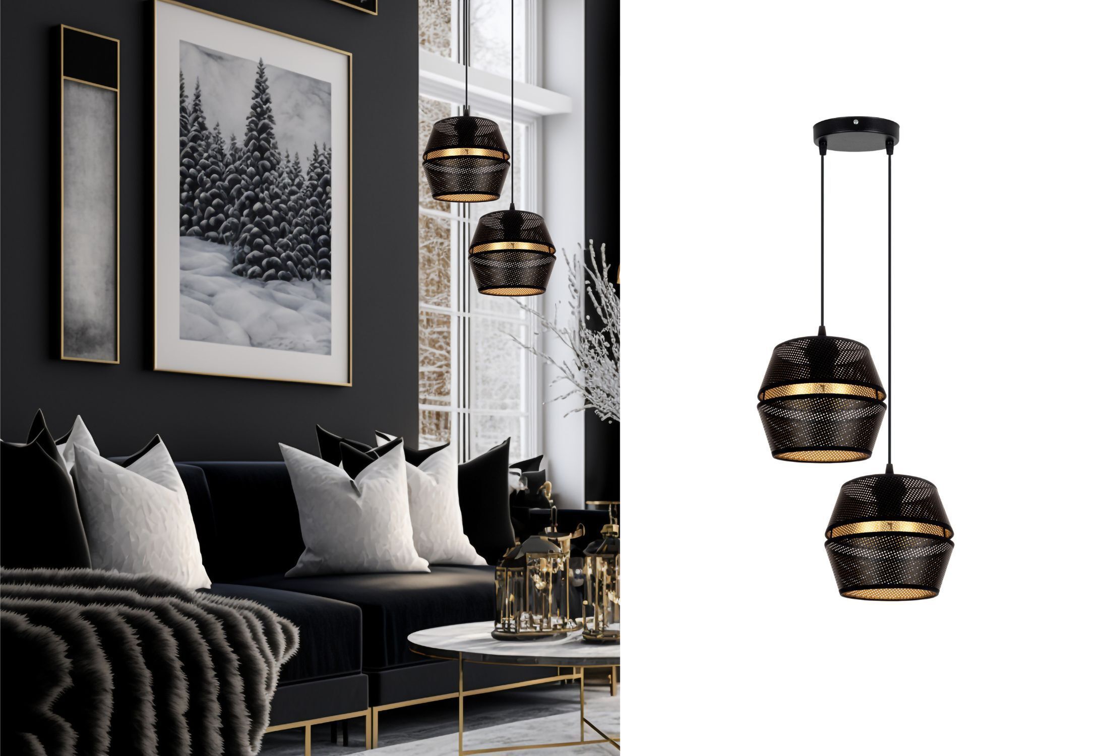 Pendelleuchte Schwarz Gold Metall 2-flammig B:40 cm E27