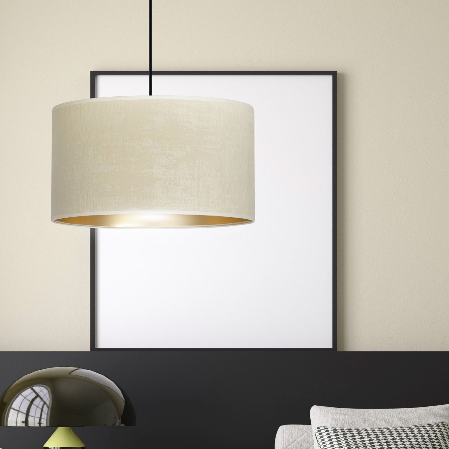 Hängelampe Stoff Ø 35 cm rund Weiß Gold Schwarz E27