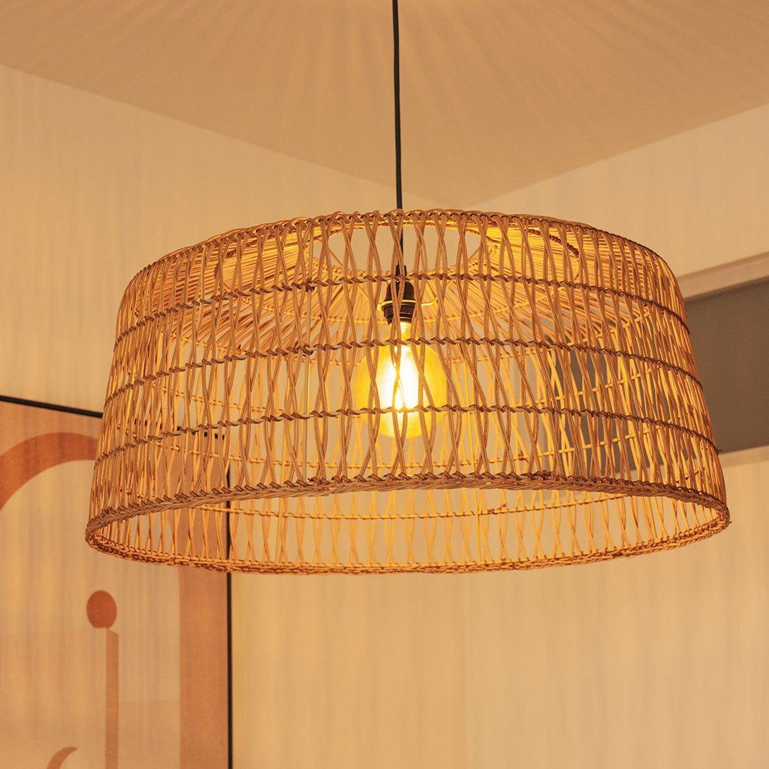 Pendelleuchte Rattan E27 groß Ø 79 cm rund in Natur Boho