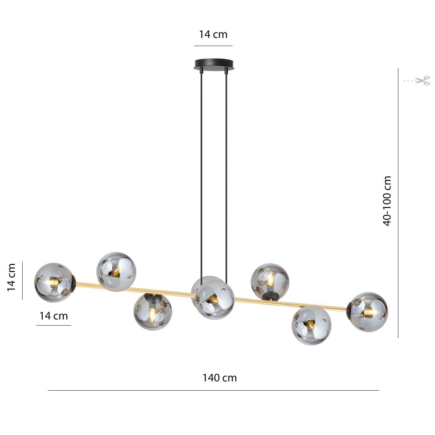 Pendelleuchte Schwarz Graphit Gold 140 cm lang Rauchglas