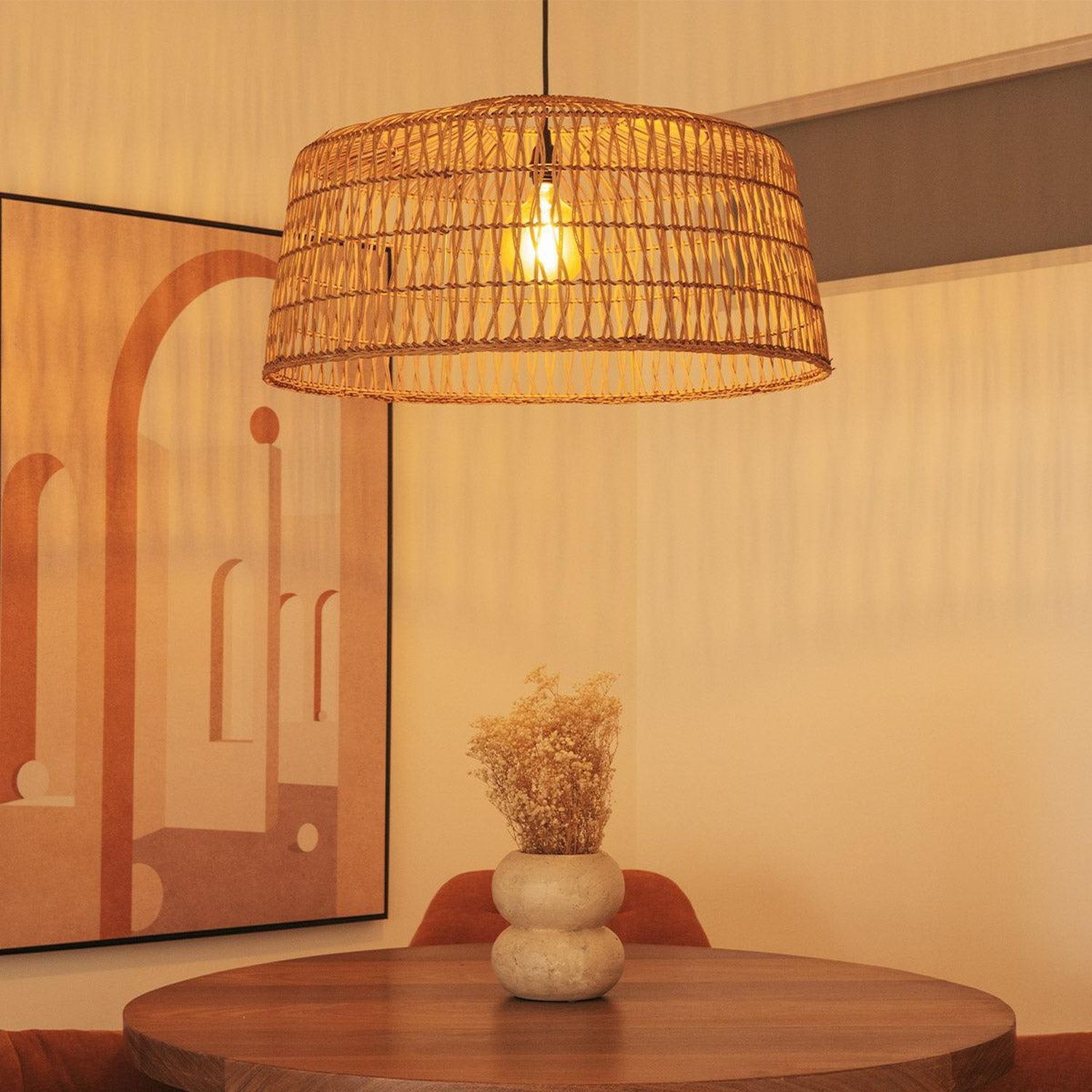 Pendelleuchte Rattan E27 groß Ø 79 cm rund in Natur Boho