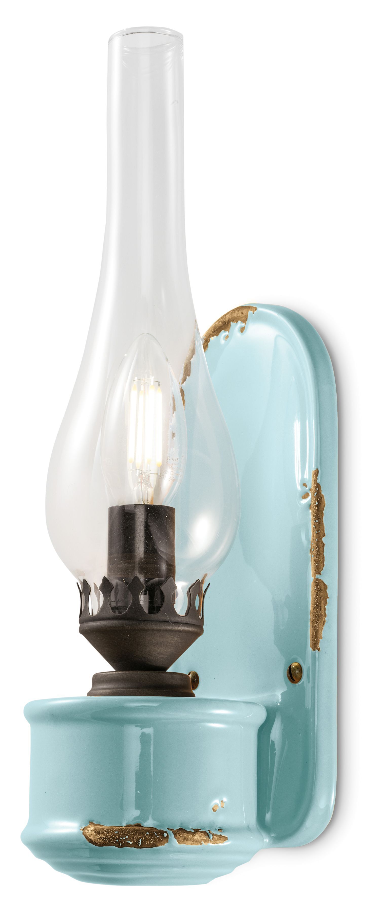 Wandlampe Handarbeit Glas H: 33 cm Hellblau Shabby Antik