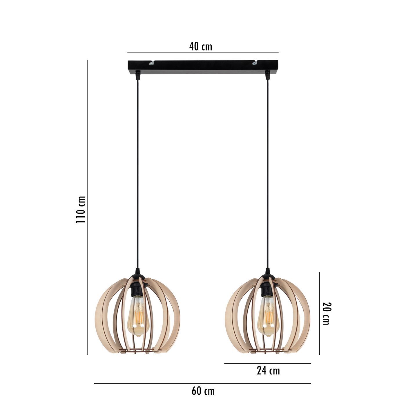 Längliche Hängelampe Holz Metall E27 2-flammig L:60 cm