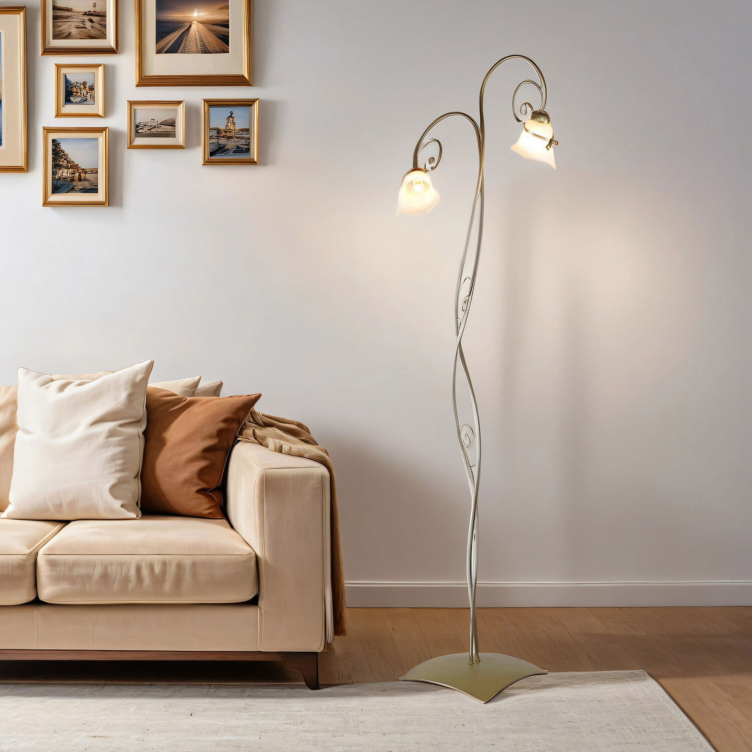 Florale Stehlampe Wohnzimmer in Gold Alabaster Glas