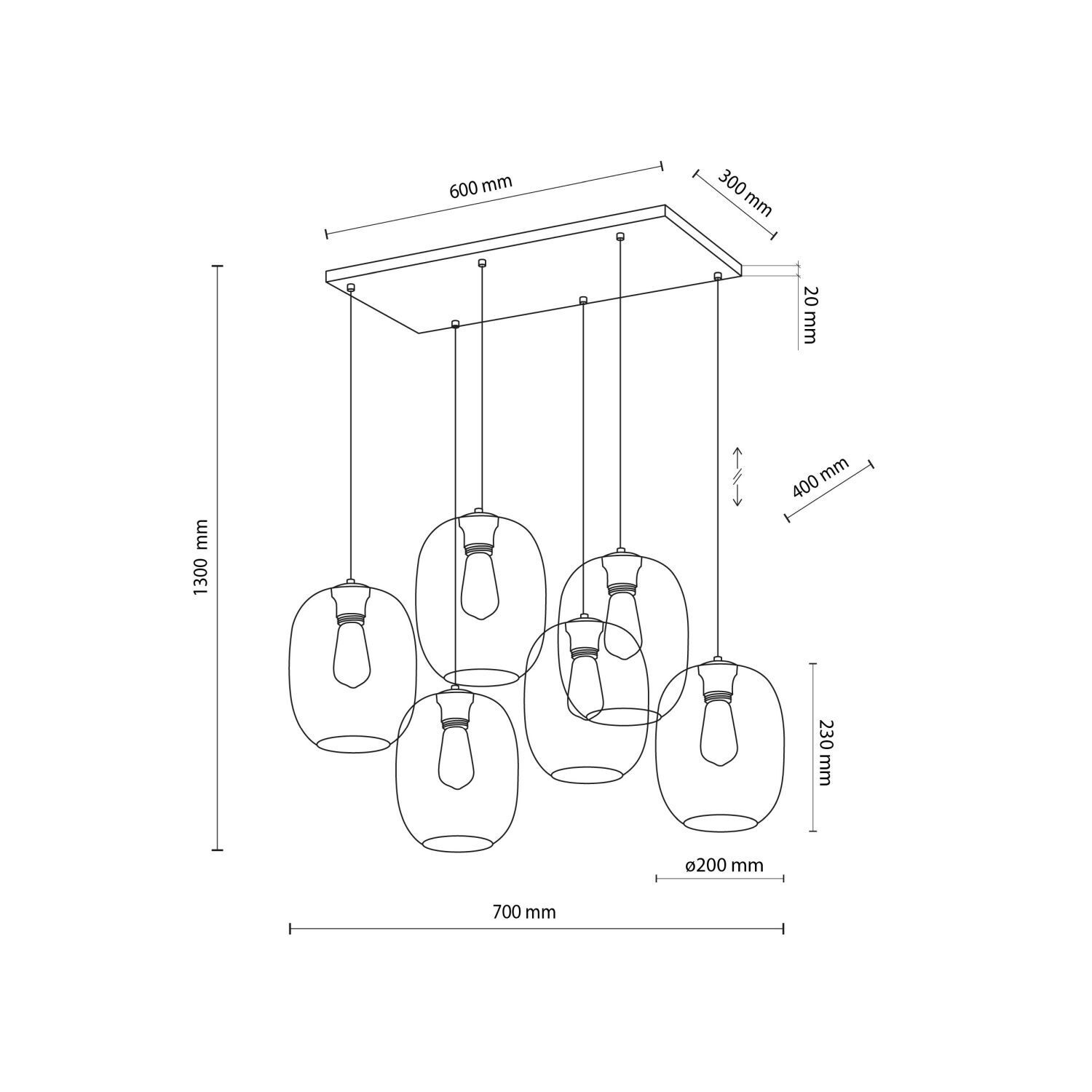 Pendelleuchte Rauchglas Metall L: 70 cm H: max. 1,3 m 6x E27