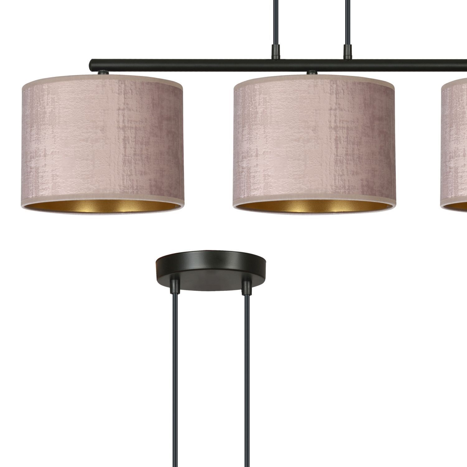 Hängelampe Metall Stoff L: 72 cm Schwarz Rosa Gold 3-flammig