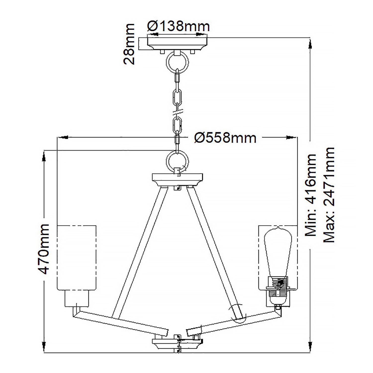 Kronleuchter Glas Schirm 55,8 cm breit 3-flammig E27 elegant