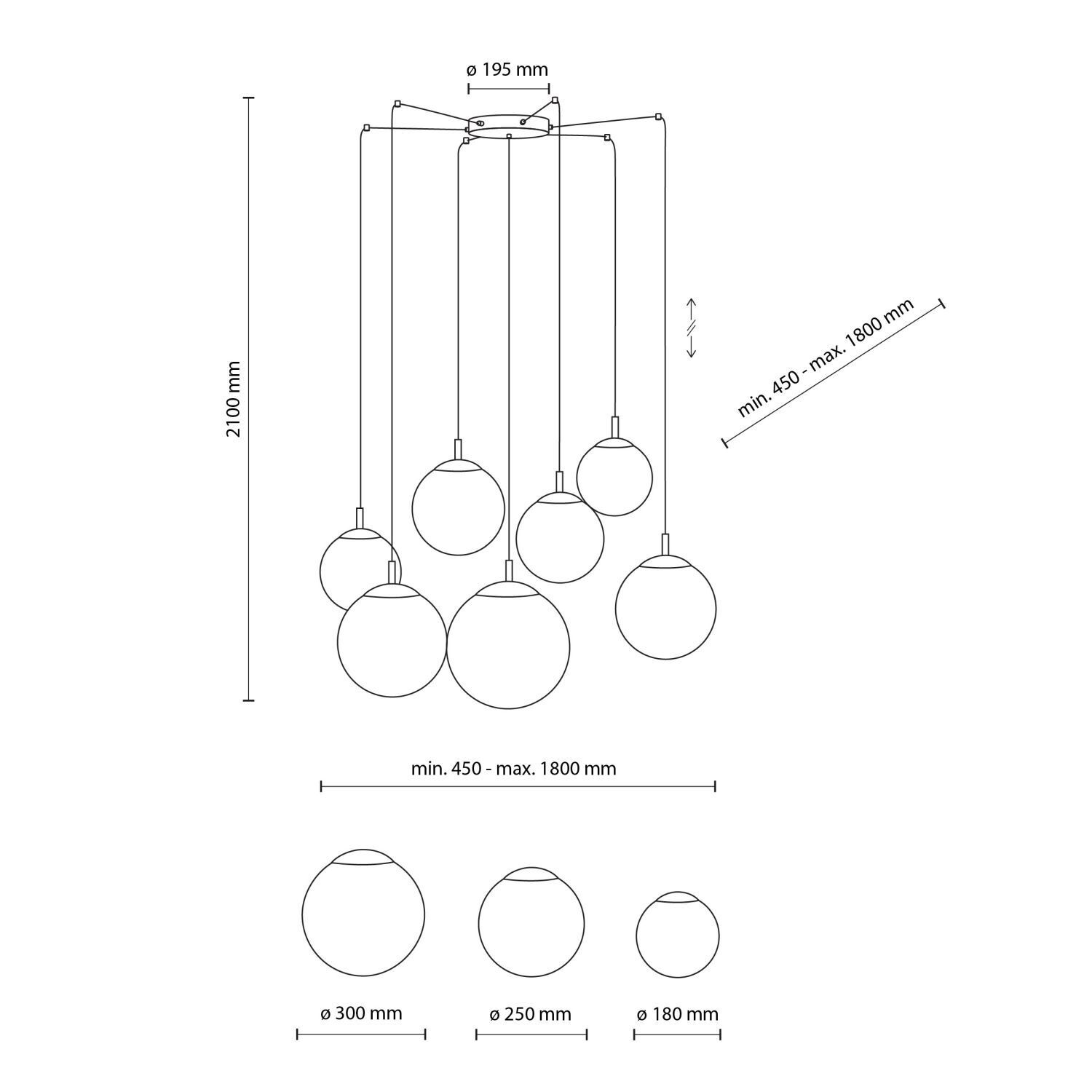 Pendelleuchte Glas Metall B: 400 cm verstellbar 7x E27 XXL