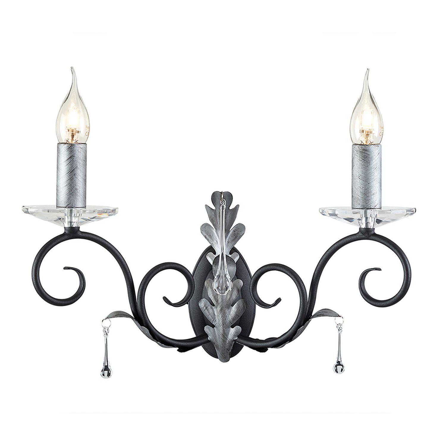 Prunkvolle Wandlampe Schwarz Silber floral mit Kristall