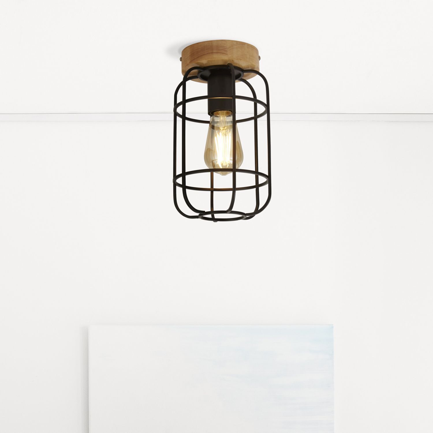 Deckenlampe E27 Holz Metall Draht B:15 cm Industrial