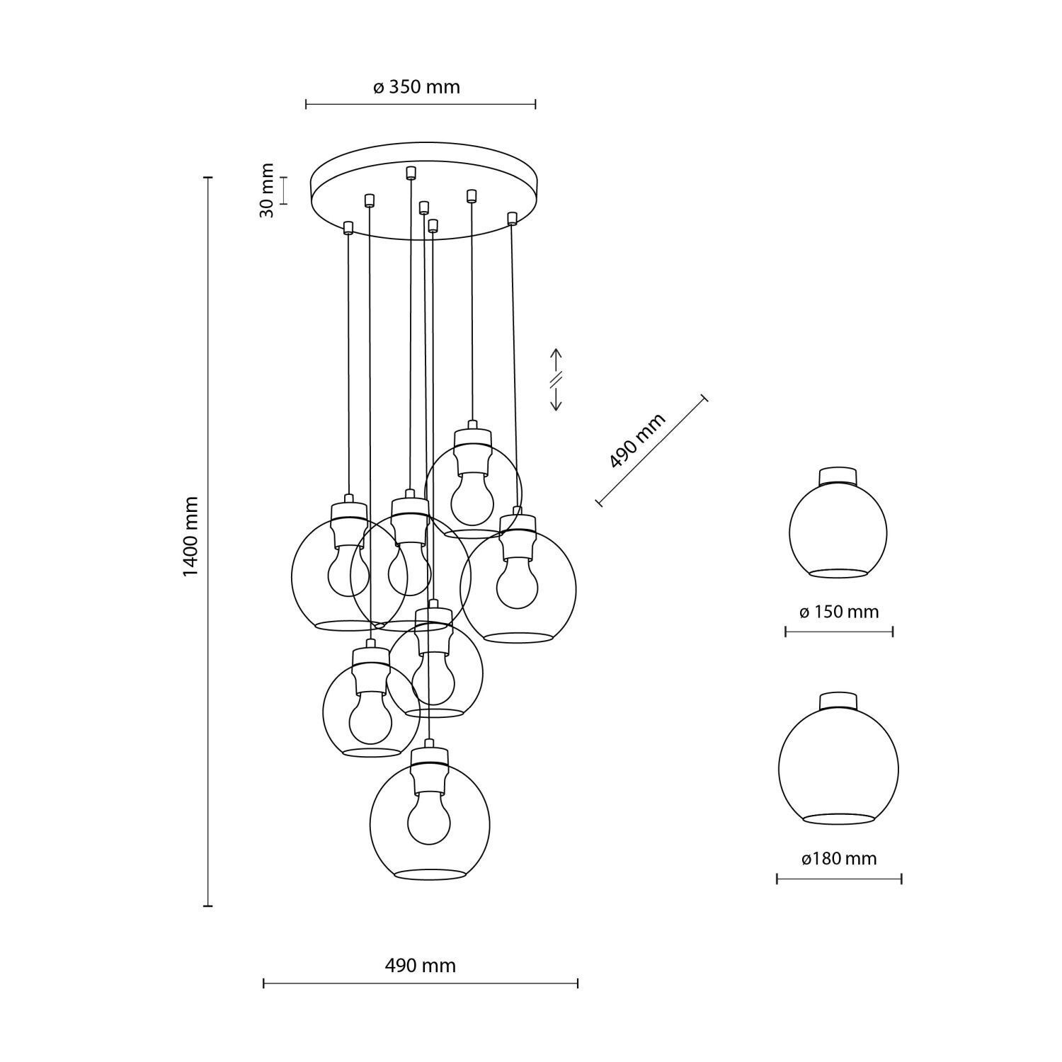 Hängeleuchte Rauchglas 7x E27 verstellbar Kugelschirme
