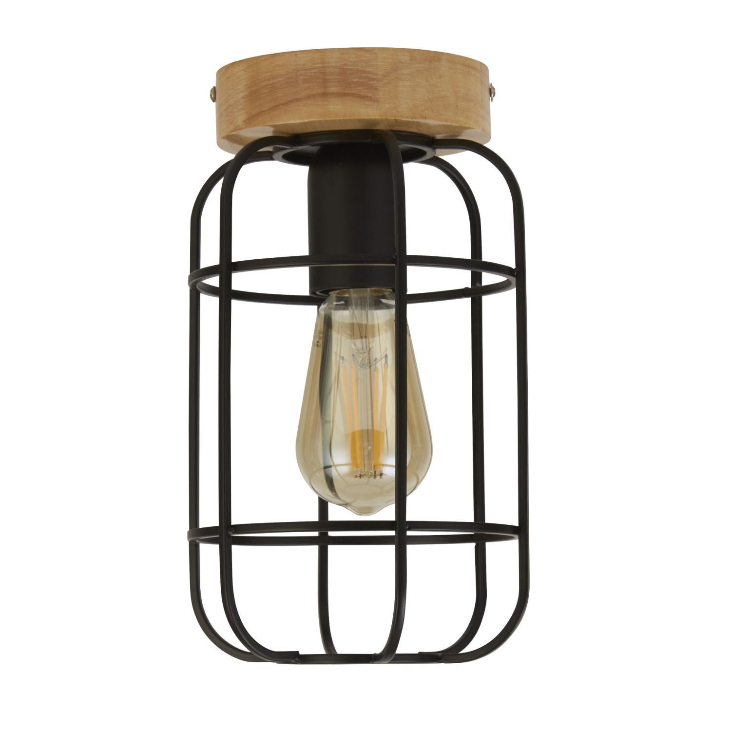 Deckenlampe E27 Holz Metall Draht B:15 cm Industrial