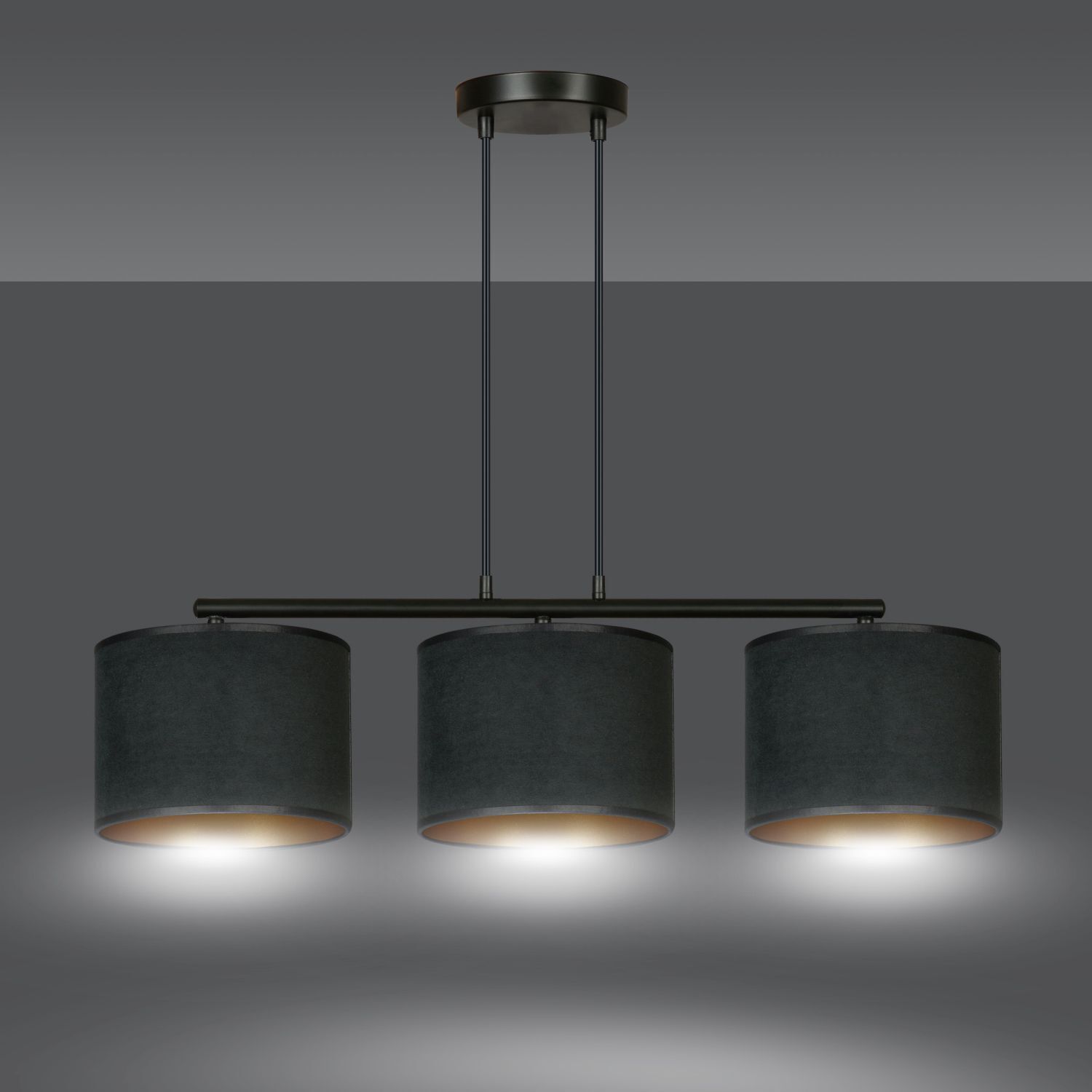 Pendelleuchte Stoff Metall L: 72cm Schwarz Gold 3-flammig E27
