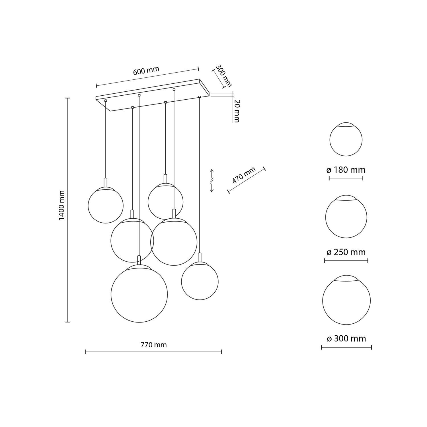 Hängeleuchte Glas Metall L: 77 cm H: max. 140 cm 6x E27