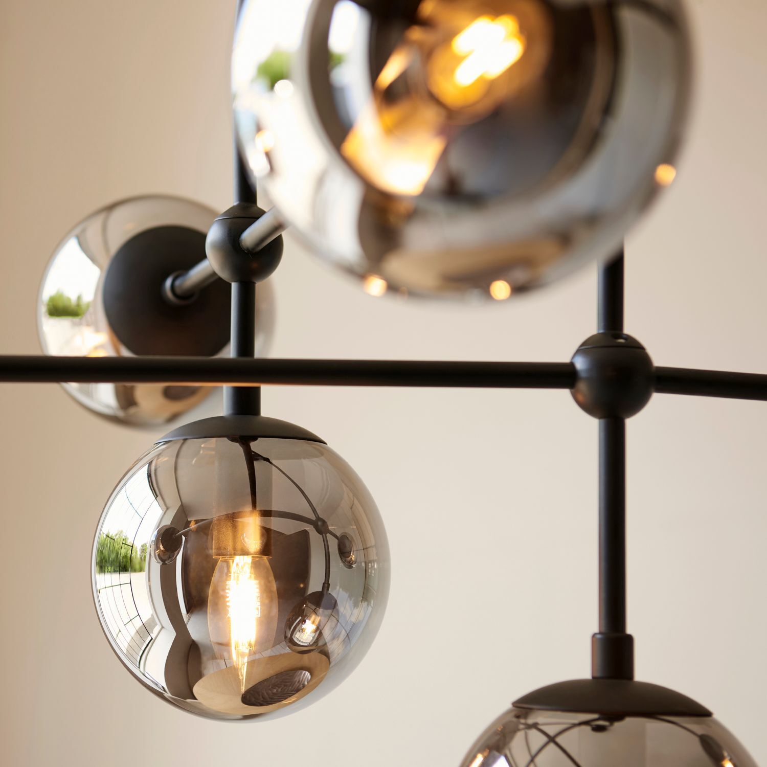 Deckenlampe Rauchglas Metall Kugel Schirm B: 86 cm 6x E14