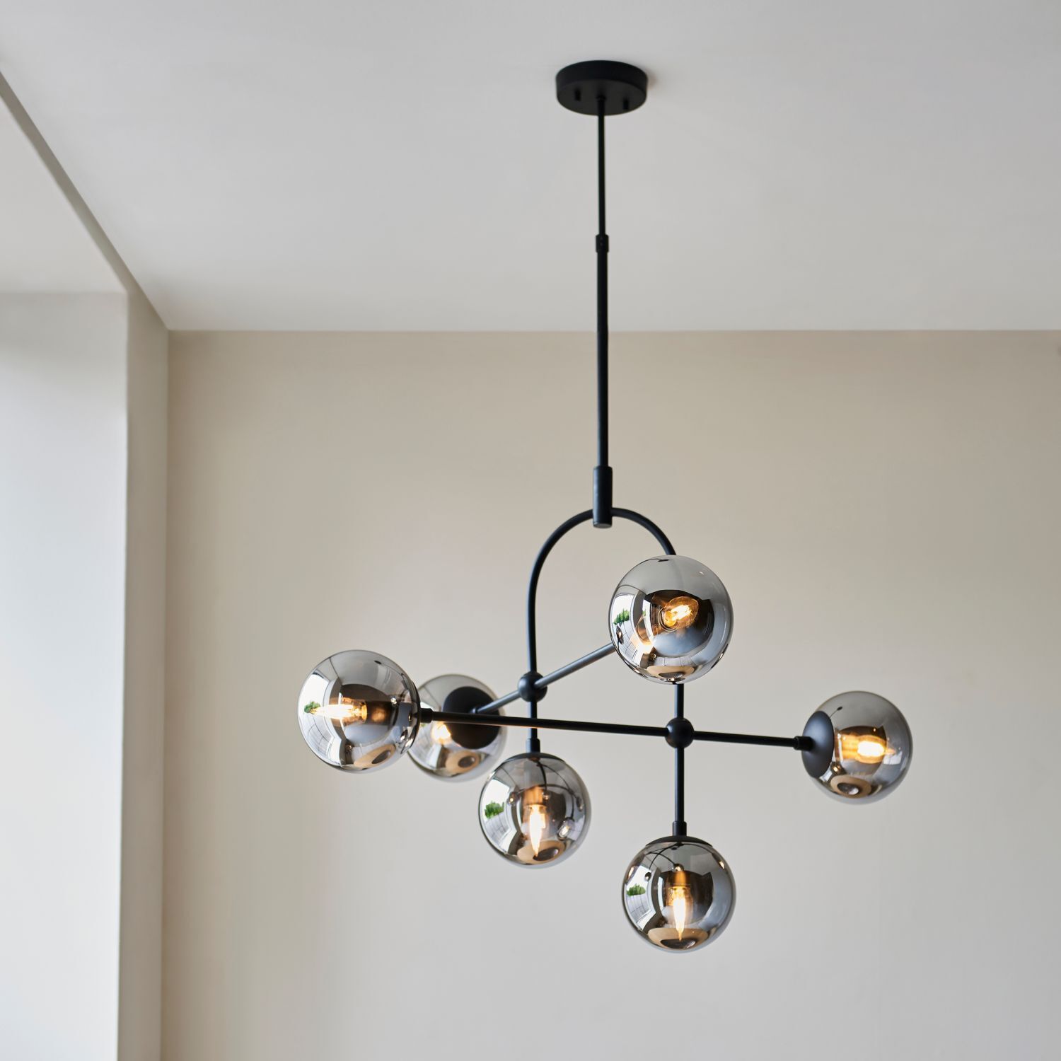 Deckenlampe Rauchglas Metall Kugel Schirm B: 86 cm 6x E14