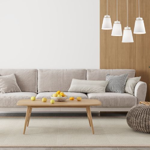 Pendelleuchte Weiß Holz Stoff Metall 4-flmg Lampe