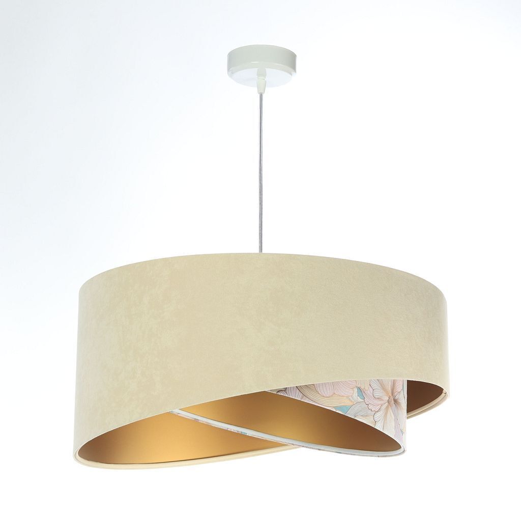 Pendelleuchte rund D: 50 cm E27 Stoff in Beige Creme Gold