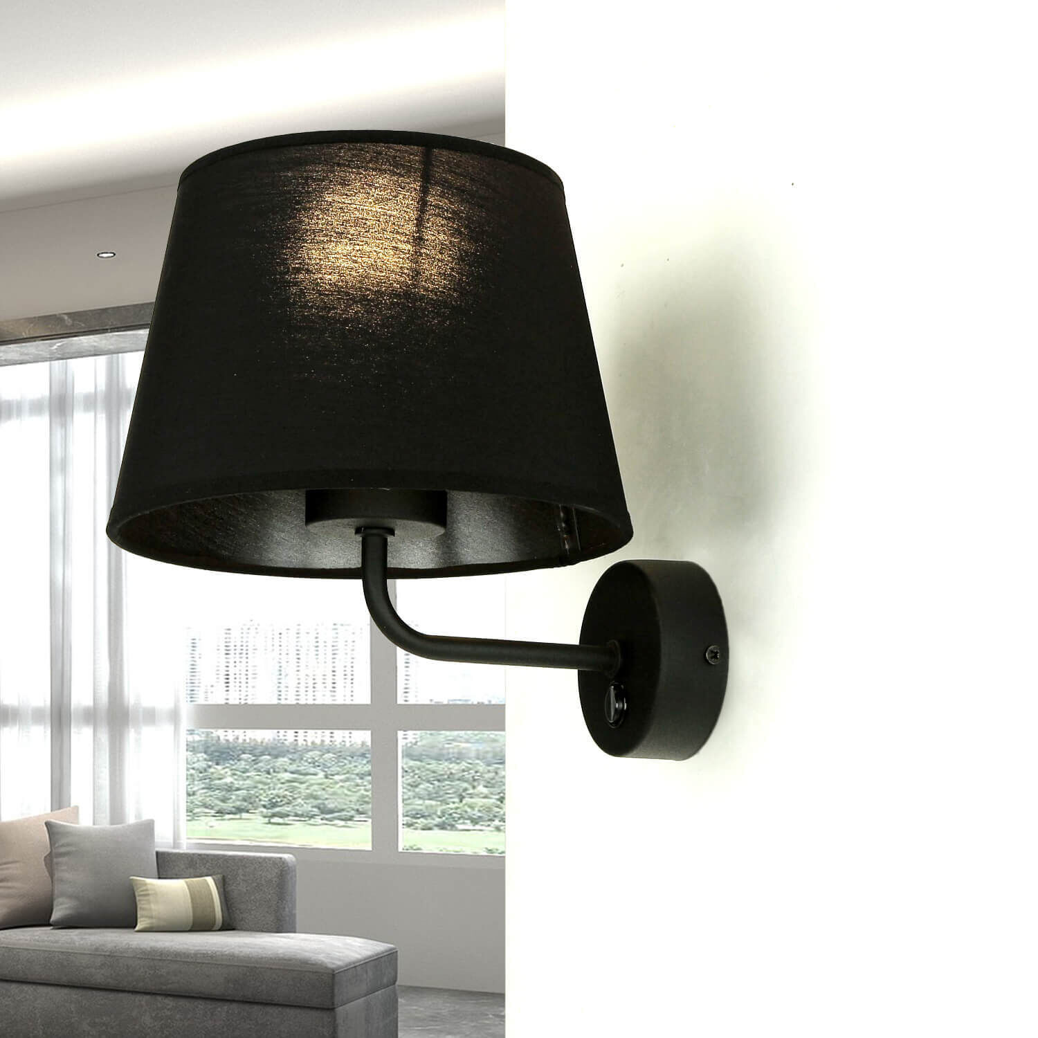 Wandlampe mit Schalter Schwarz Stoffschirm MAJA