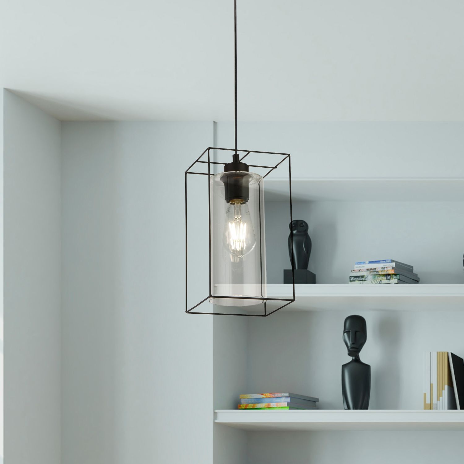 Hängeleuchte Metall Glas eckig B: 15 cm Schwarz Klar E27