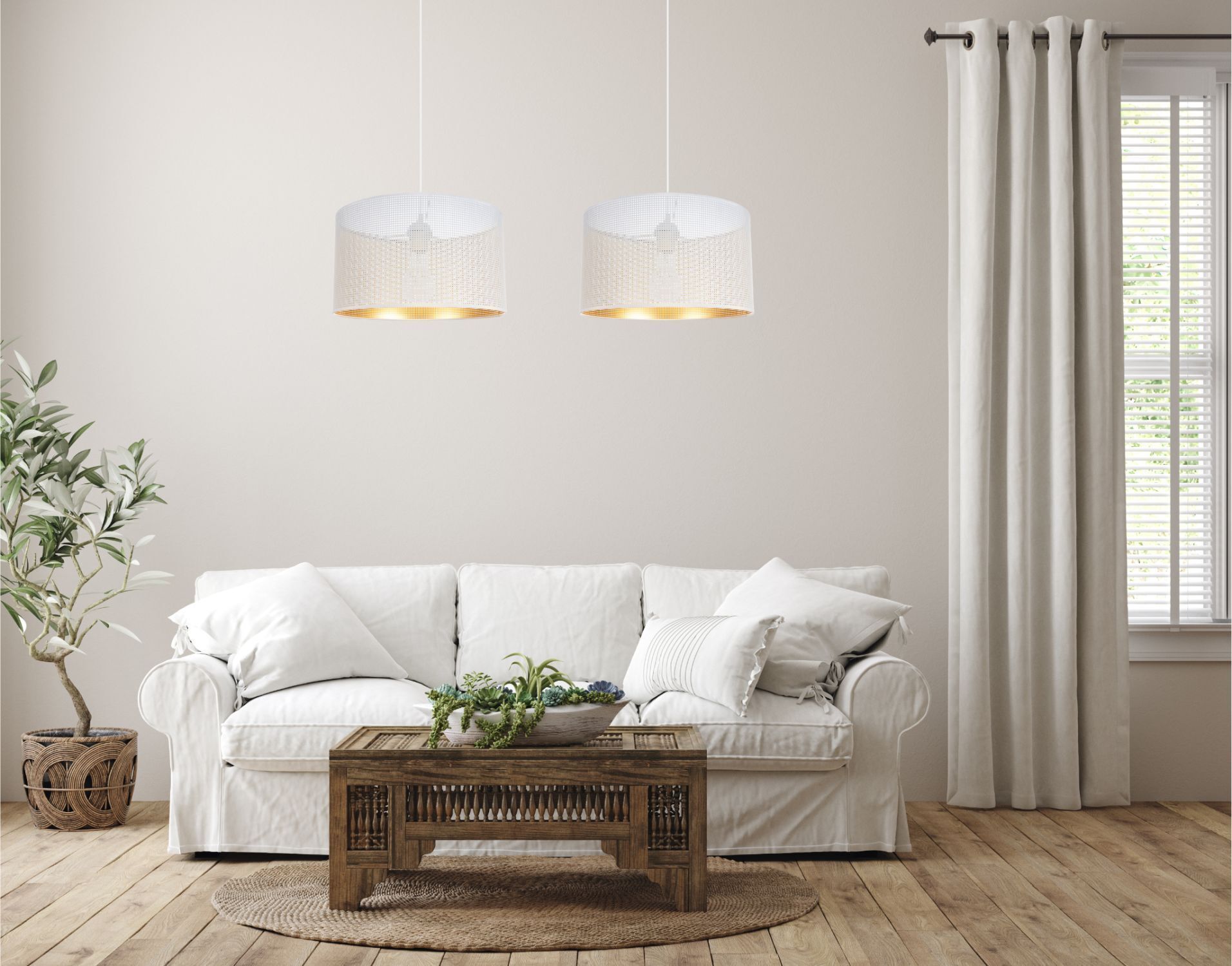 Große Pendelleuchte Metall Weiß Gold E27 2-flmg L:90 cm