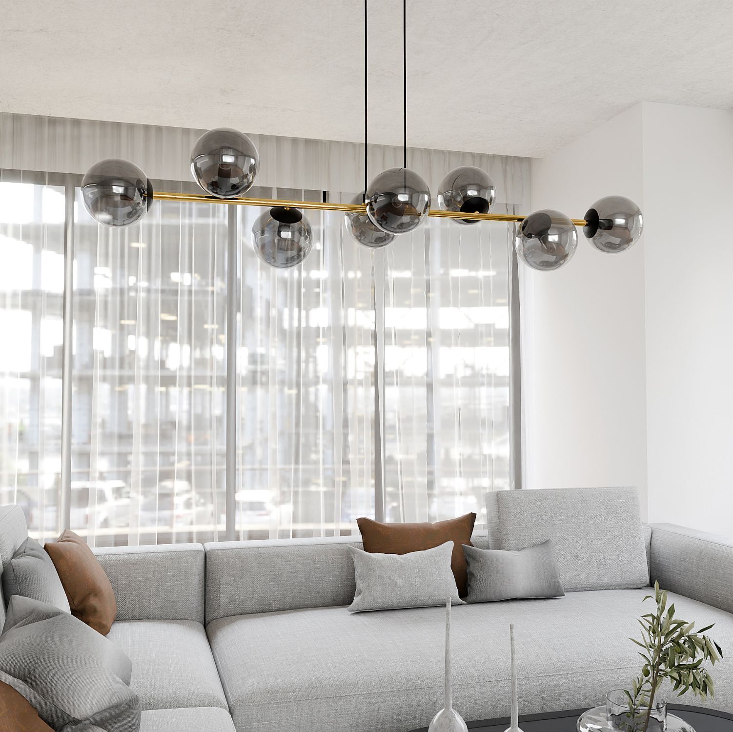 Pendelleuchte Schwarz Graphit Gold 140 cm lang Rauchglas