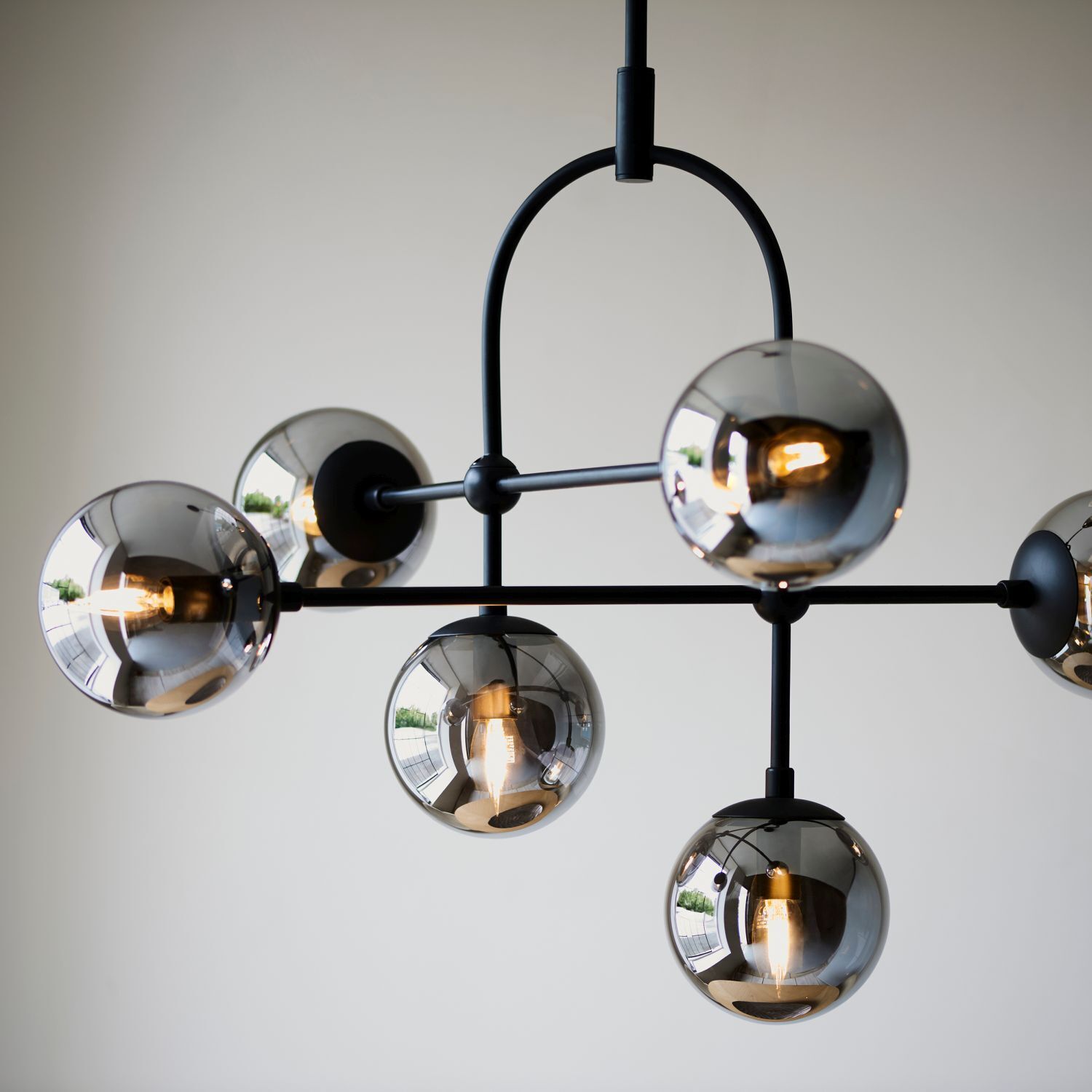 Deckenlampe Rauchglas Metall Kugel Schirm B: 86 cm 6x E14