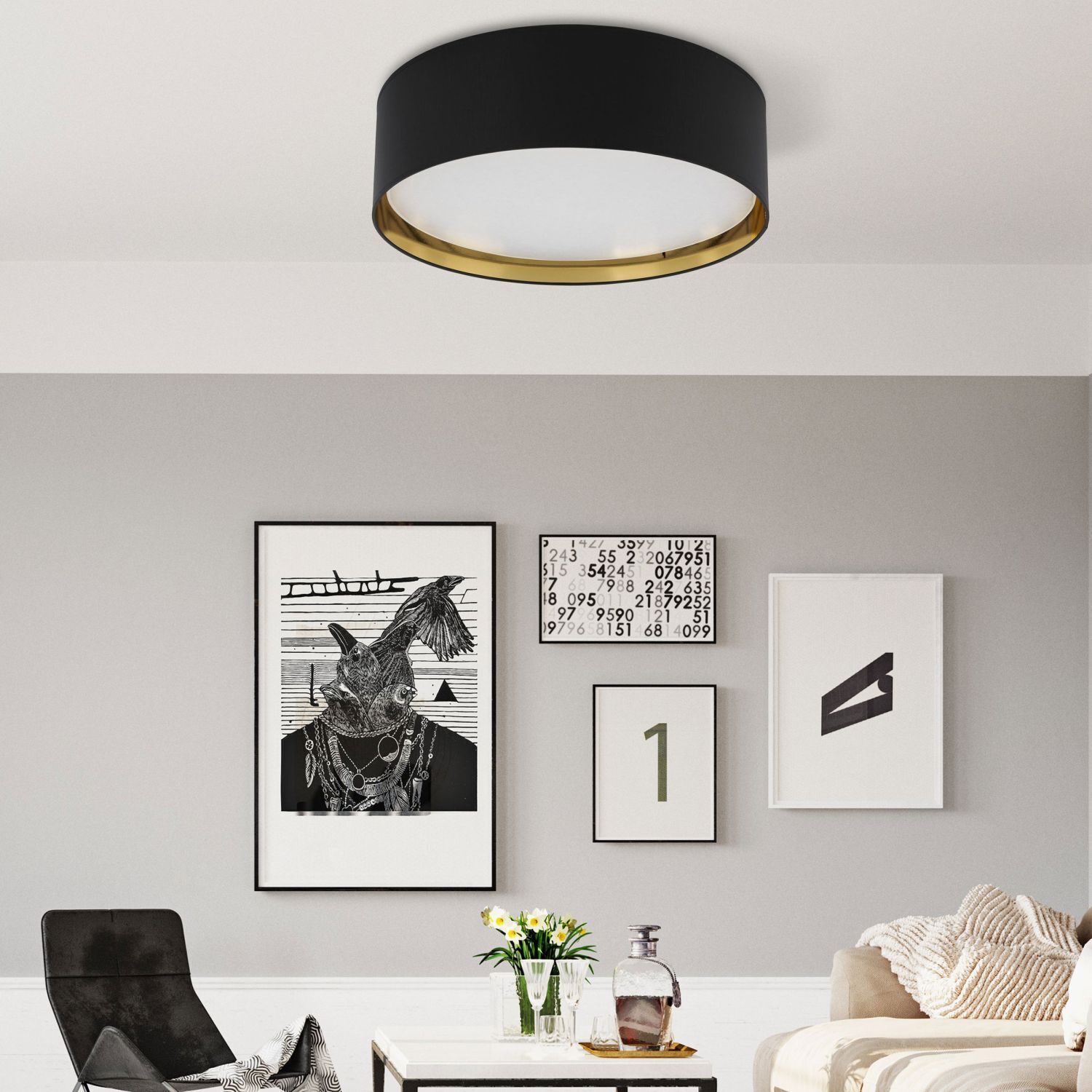 Deckenlampe Stoffschirm Schwarz Gold rund Ø 60 cm groß